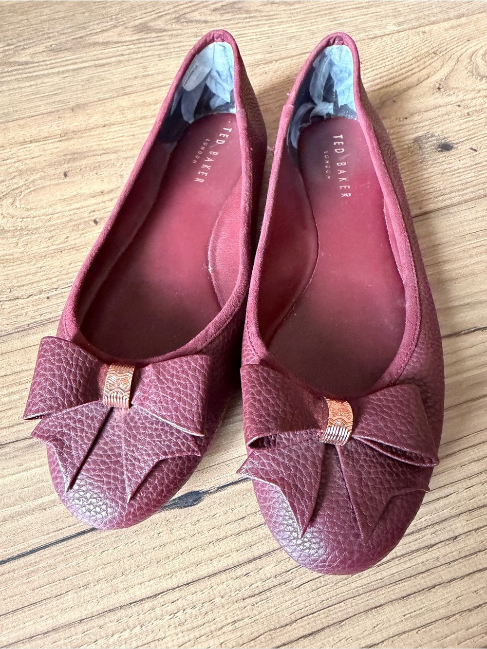 Ted Baker Burgundy Textured pebble leather Bow Flats with Rose Gold Accent 10